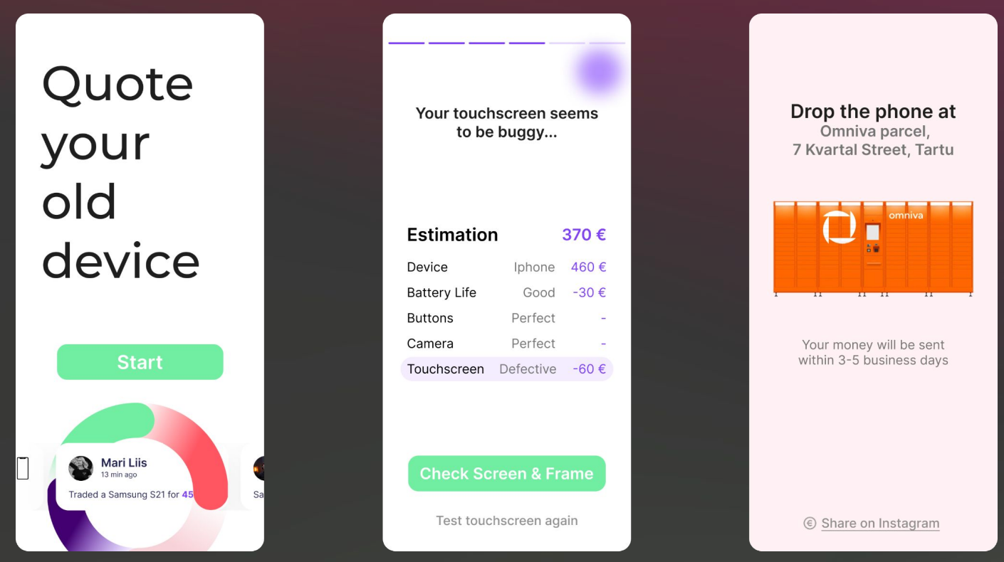 Picture contains three screenshots: first - start screen of prototype, second - price estimation of the device, third - "drope the phone at Omnova parcel"